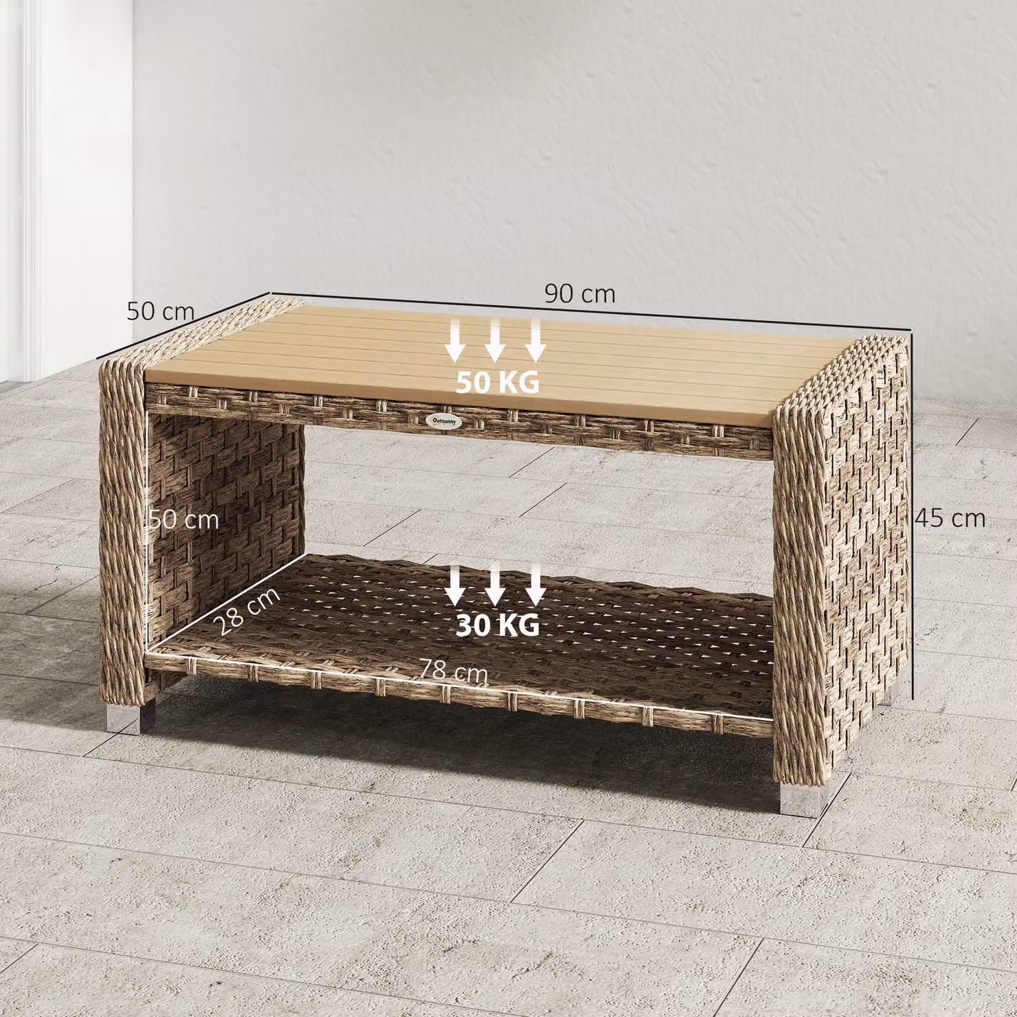 Outsunny Outdoor Coffee Table with Storage Shelf, Light Brown PE Rattan Side Table with Slatted Top – 3