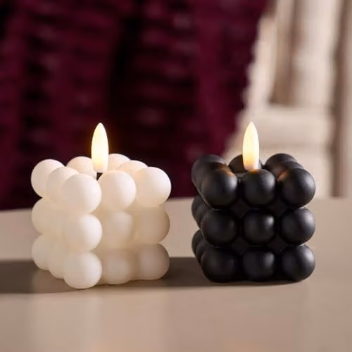 OHS Set of 2 Bubble Flameless LED Pillar Candles in Black and White