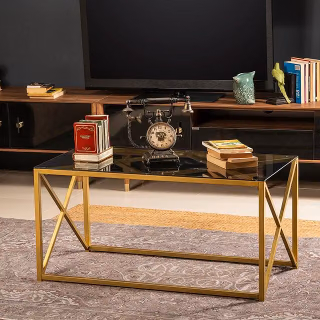 Decorotika Iliomer Rectangular Glass Coffee Table with Gold and Black Metal X-Frame in Glossy Finish