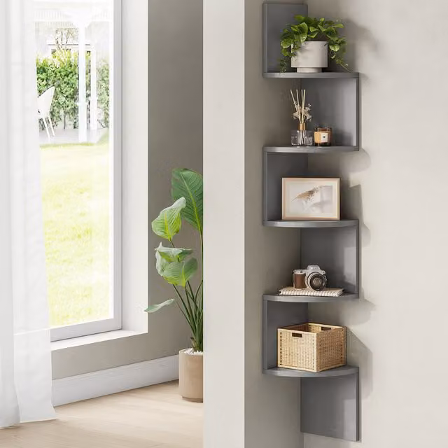 VASAGLE 5-Tier Wall Mounted Corner Display Shelf in Grey