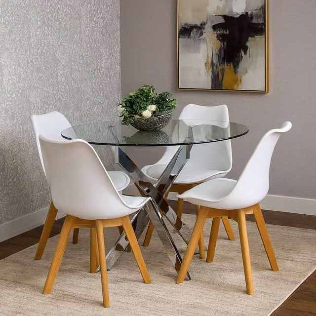 KOSY KOALA Modern Round Glass Dining Table with 4 White Plastic Chairs
