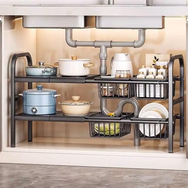 EONLION Under Sink Rectangle Carbon Steel Rack Shelf in Black, W/D/H: 48.5 x 23 x 48.5 cm