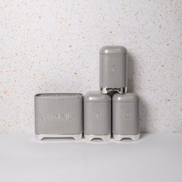 KitchenCraft Lovello Geometric Textured Sugar, Coffee and Tea Canister Set in Grey