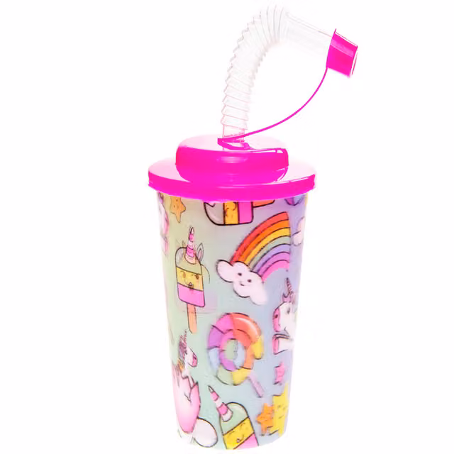 LG-Imports Pack of 12 White and Multicolour Unicorn Theme 3D Tumbler Cups with Silicone Straw and Leakproof Lid, 250 ml