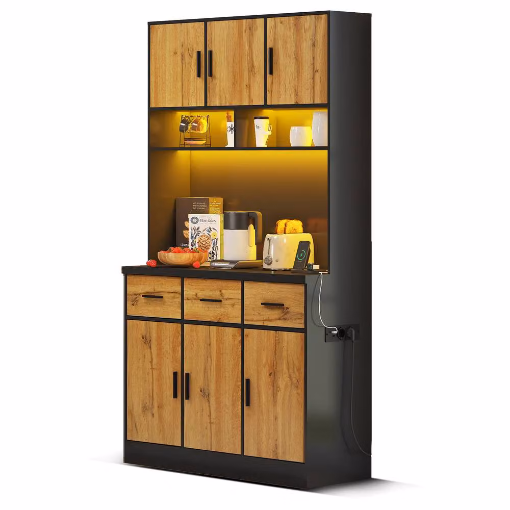BTM Modern Black Tall Kitchen Pantry Cabinet with Integrated Lighting and Internal Drawers, H 180 cm – 6