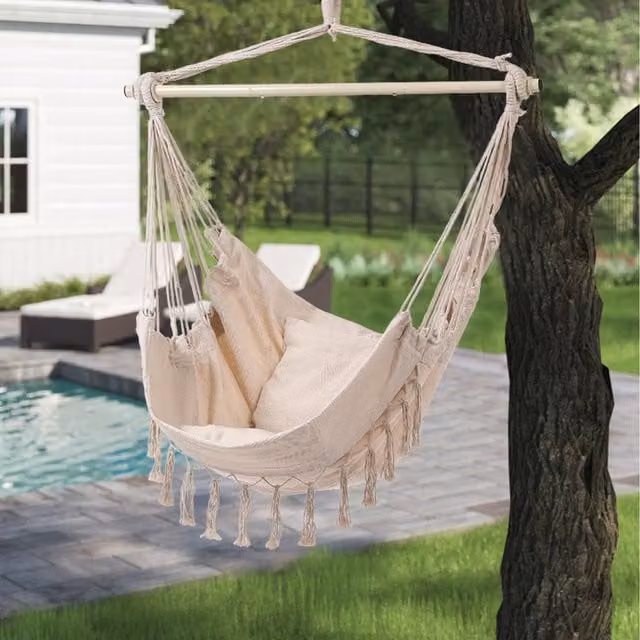 Lifeideas Boho Garden Hammock Swing Seat in White and Beige