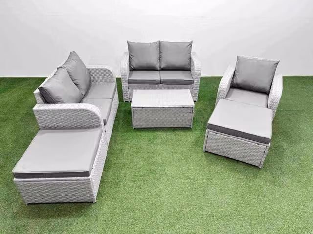 Fimous Grey Poly Rattan Garden Furniture Set with Reclining Chair, 2 Seater Sofa, Rectangular Coffee Table and 2 Ottomans