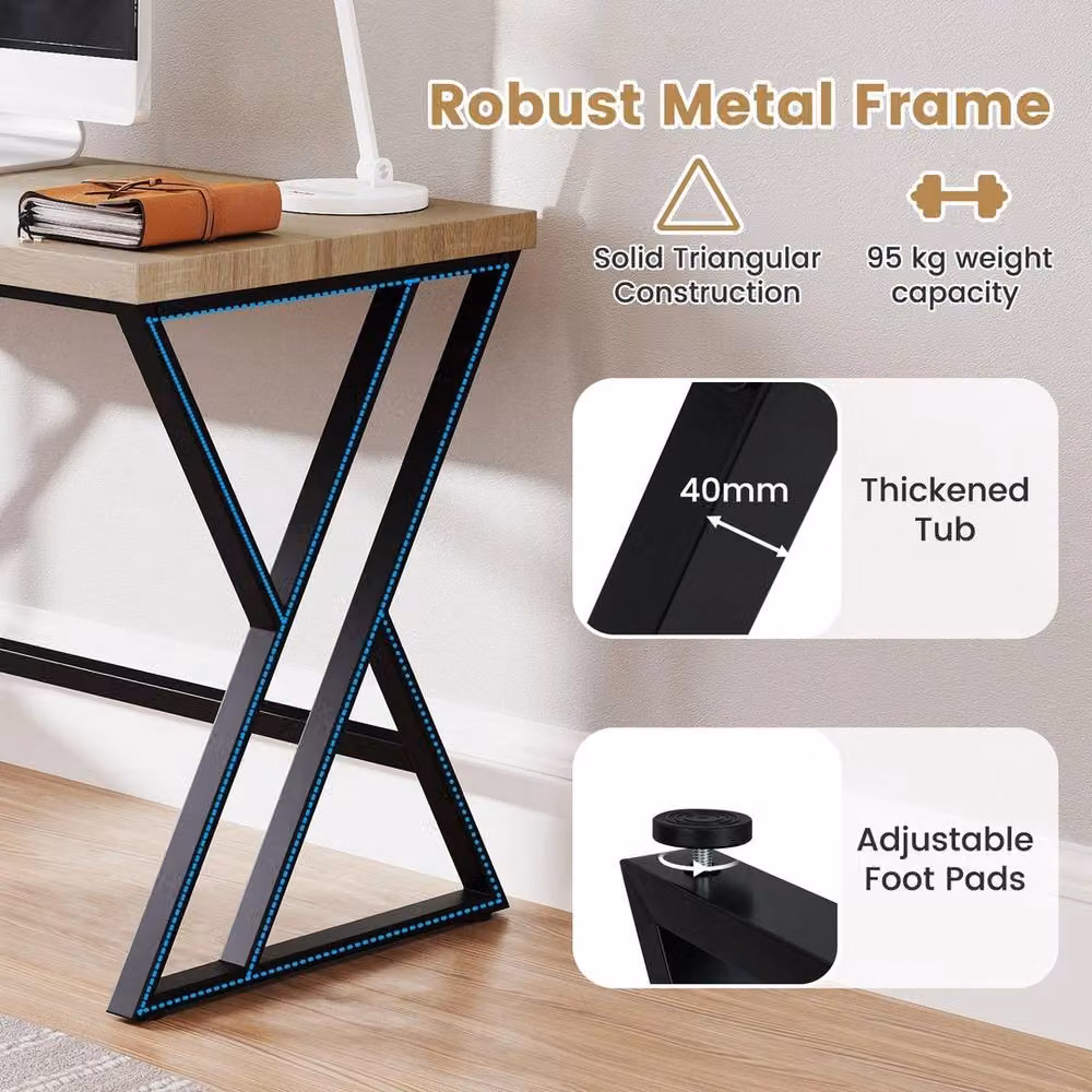 NESTLUNE Industrial Computer Desk in Brown and Black with Metal X-Frame – 3