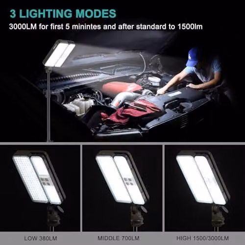KOOLITE 3000LM Dimmable LED Rechargeable Work Light with Adjustable Tripod Stand, Black 3-in-1 Emergency Floodlight, Height: 200 cm – 3