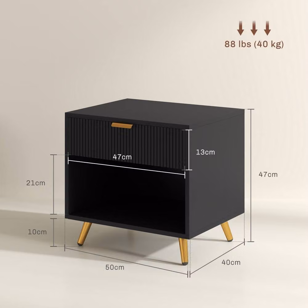 Wyld Haus Hana Bano Black and Gold Bedside Table with Ribbed Drawer and Shelf, W/D/H: 40 x 47 x 50 cm – 3
