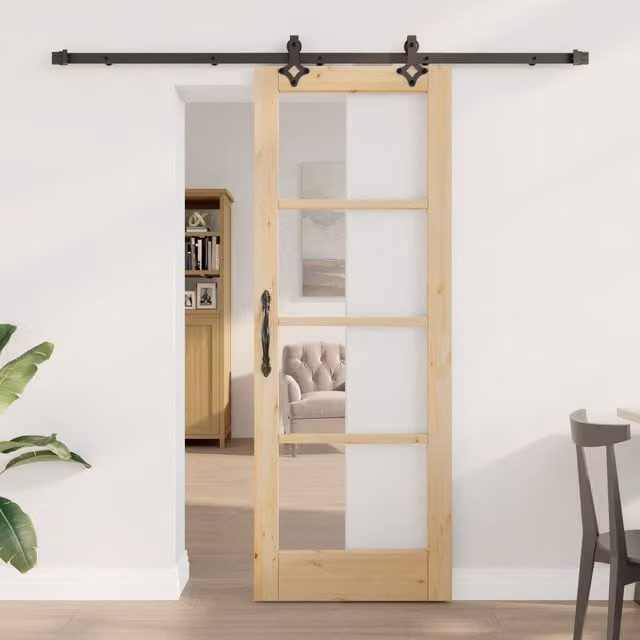 Berkfield Home Orkdal Sliding Door with Hardware Set in Beige, Solid Wood and Glass