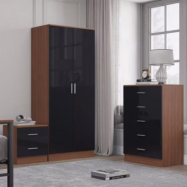 REFLECT Bedroom Furniture Bundle including 2-Door Plain Wardrobe, Chest of Drawers and Bedside Table in Black Gloss and Matt Walnut