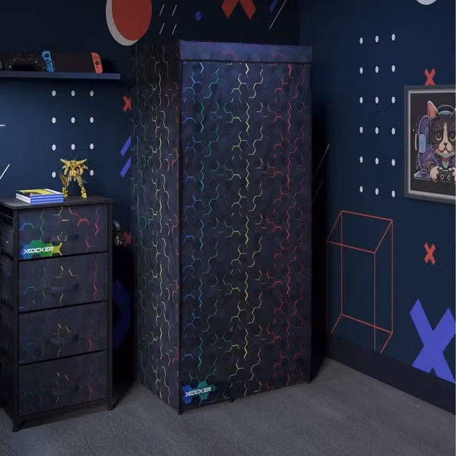 X Rocker Hex Canvas Wardrobe with Hanging Rail and Internal Shelves in Black