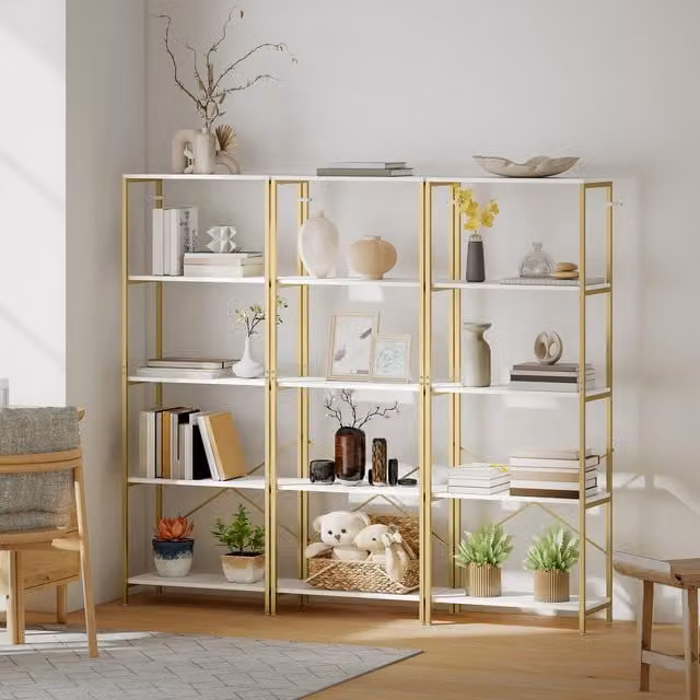 HOMCOM 5-Tier Industrial Metal Bookshelf in White and Gold