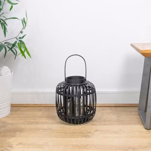 JVL Luna Black Natural Bamboo Lantern with Handle, H 27.0 x W 23.5 x D 23.5 cm – 4