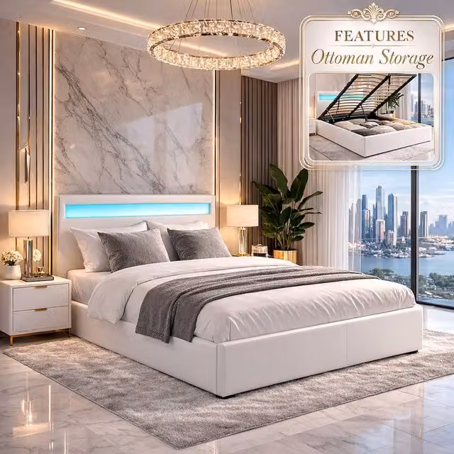 Harmin White Faux Leather Ottoman Storage Bed with LED Headboard, W/D/H: 140 x 200 cm