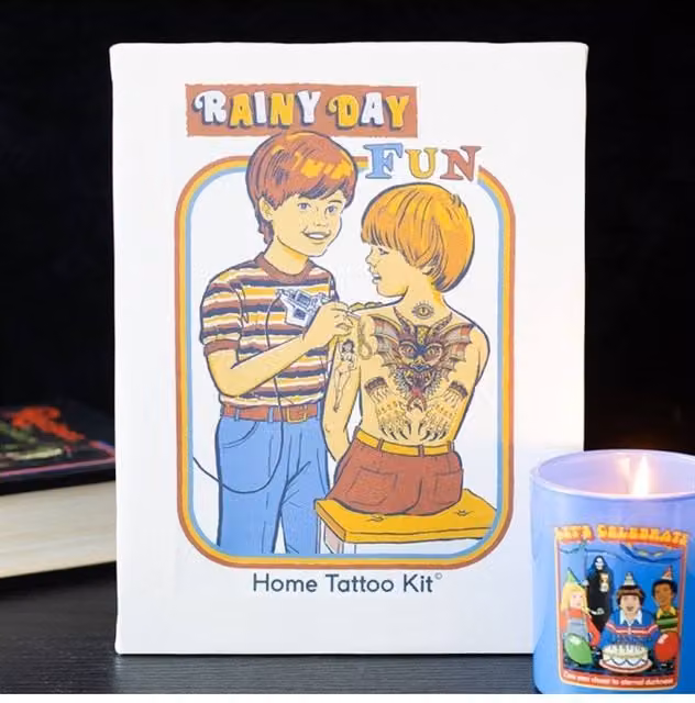 Steven Rhodes Rainy Day Fun Canvas Plaque, Blue and Multicolour Retro Illustration, W/H: 25 x 19 cm