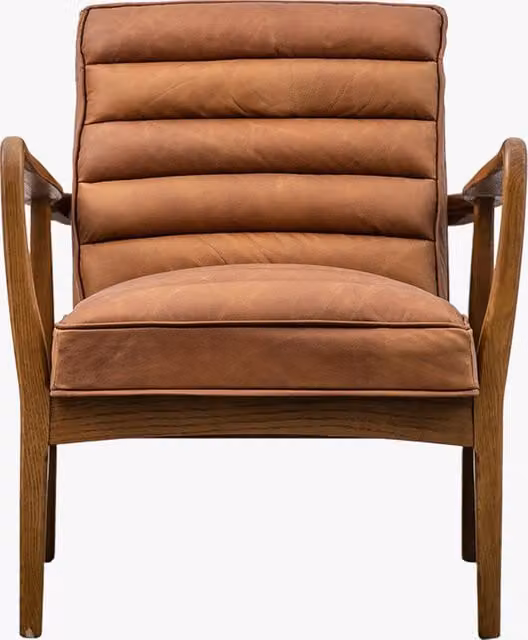 Perch & Parrow Mid-Century Leather Armchair with Armrests in Brown and Oak Wood Frame