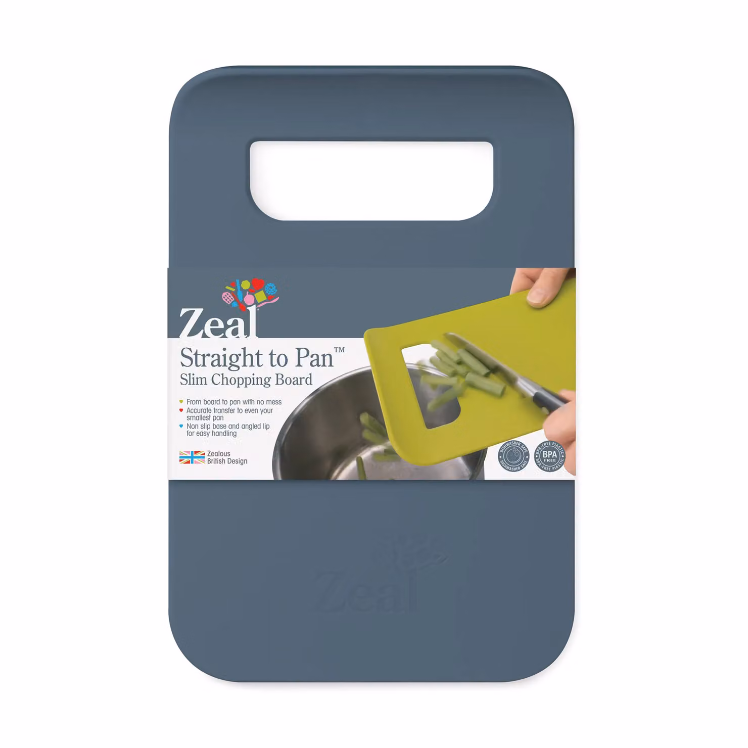 Zeal Slim Straight to Pan Small Rectangular Plastic Chopping Board with Handle in Blue – 3