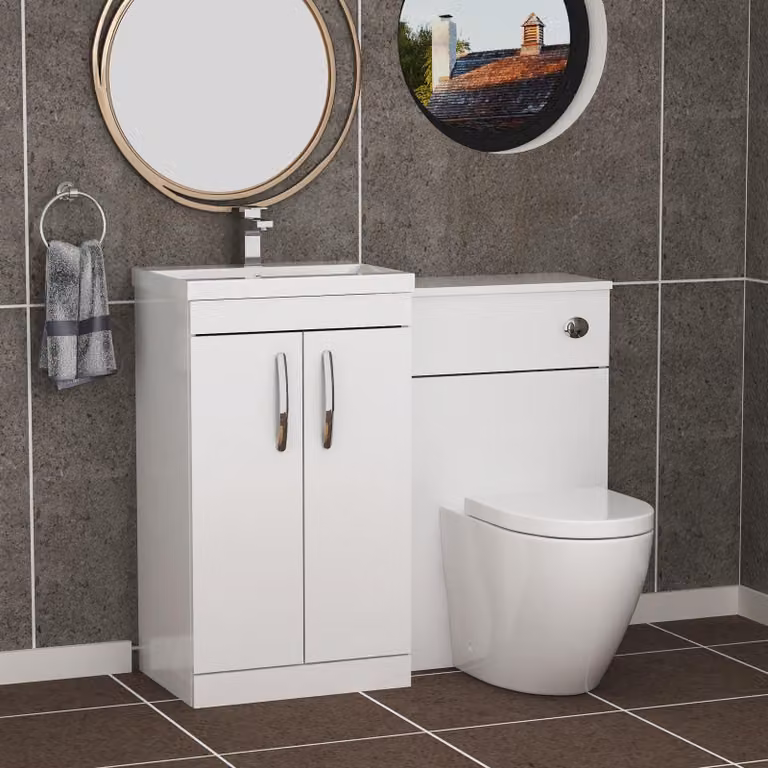 Royal Bathrooms Turin Gloss White 2-Door Mid-Edge Floor Standing Bathroom Furniture Pack with Elva Toilet