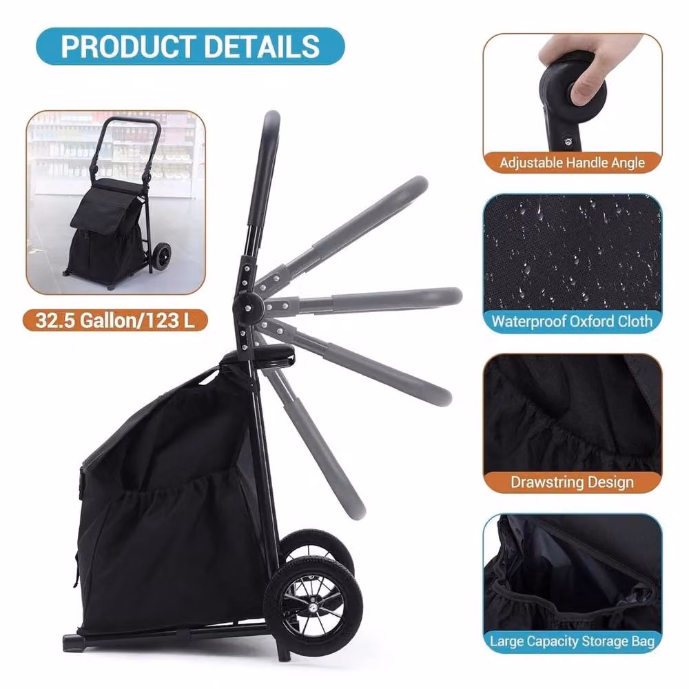 VOGREX 2-in-1 Foldable Grocery Cart with Seat, Portable Utility in Black – 3
