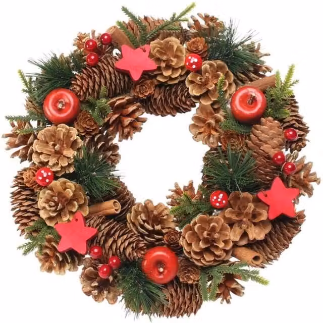 KDMD Woodland Natural Christmas Wreath with Red Stars in Brown and Red, Diameter: 30 cm – 1