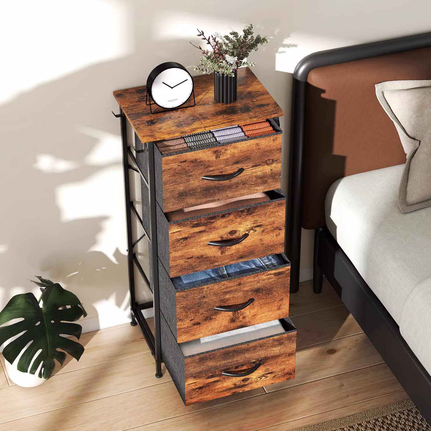 HOMCOM Chest of Four Fabric Drawers in Rustic Brown with Metal Frame – 8