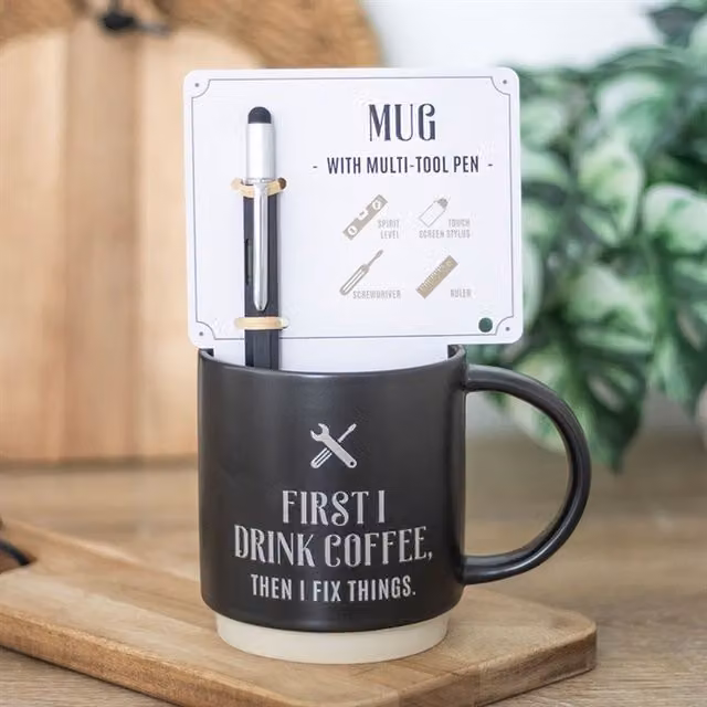 First I Drink Coffee Black Ceramic Multi-Tool Mug and Pen Set