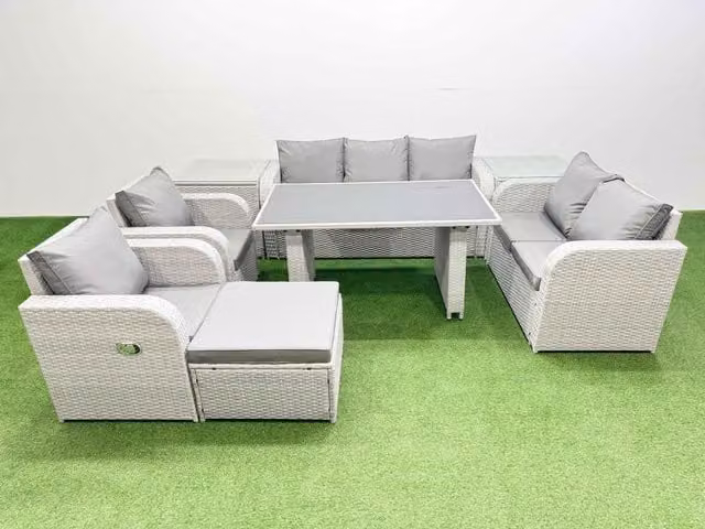 Fimous 9 Seater Garden Furniture Set with Big Stool and 2 Side Tables in Light Grey