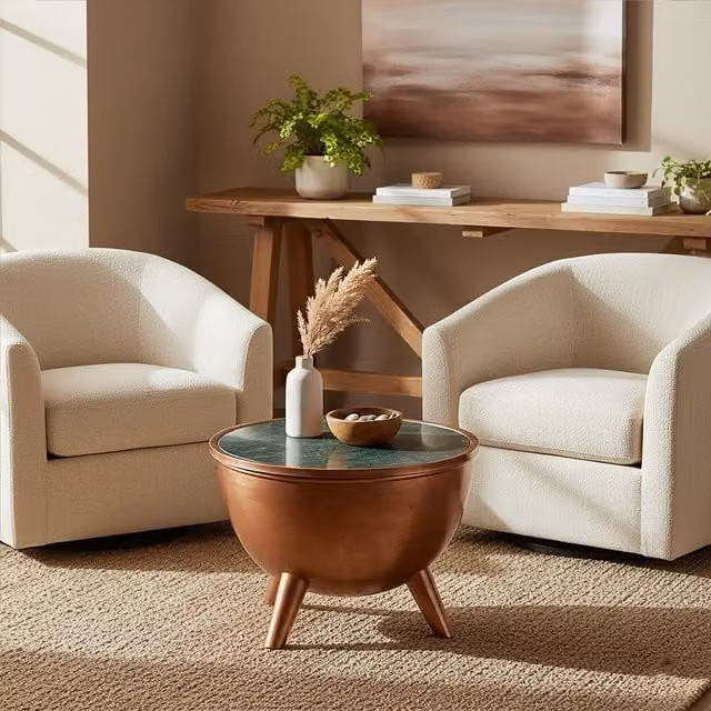 Interiors by Premier Orsina Round Green Marble Coffee Table with Copper Finish Iron Drum Base, Brown – 1