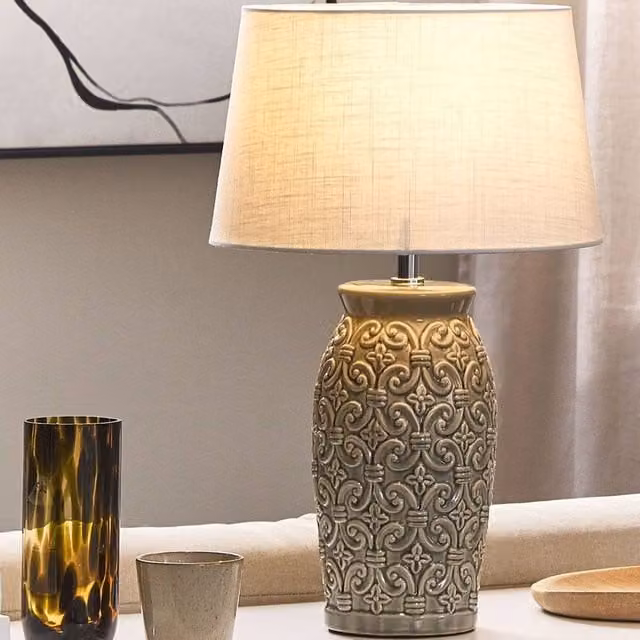 Wyld and Coco Grey Ceramic Table Lamp with Fabric Shade, Height: 48 cm