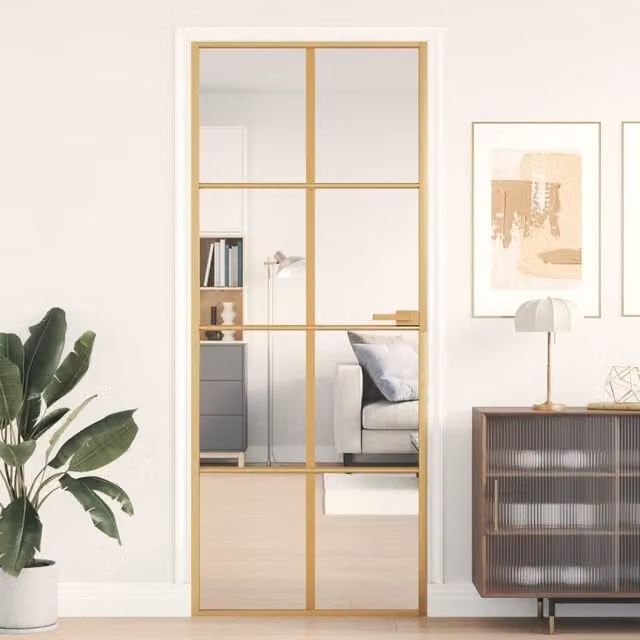 Berkfield Home Slim Golden Interior Door in Black with Tempered Glass and Aluminium, W: 83 cm, H: 201.5 cm