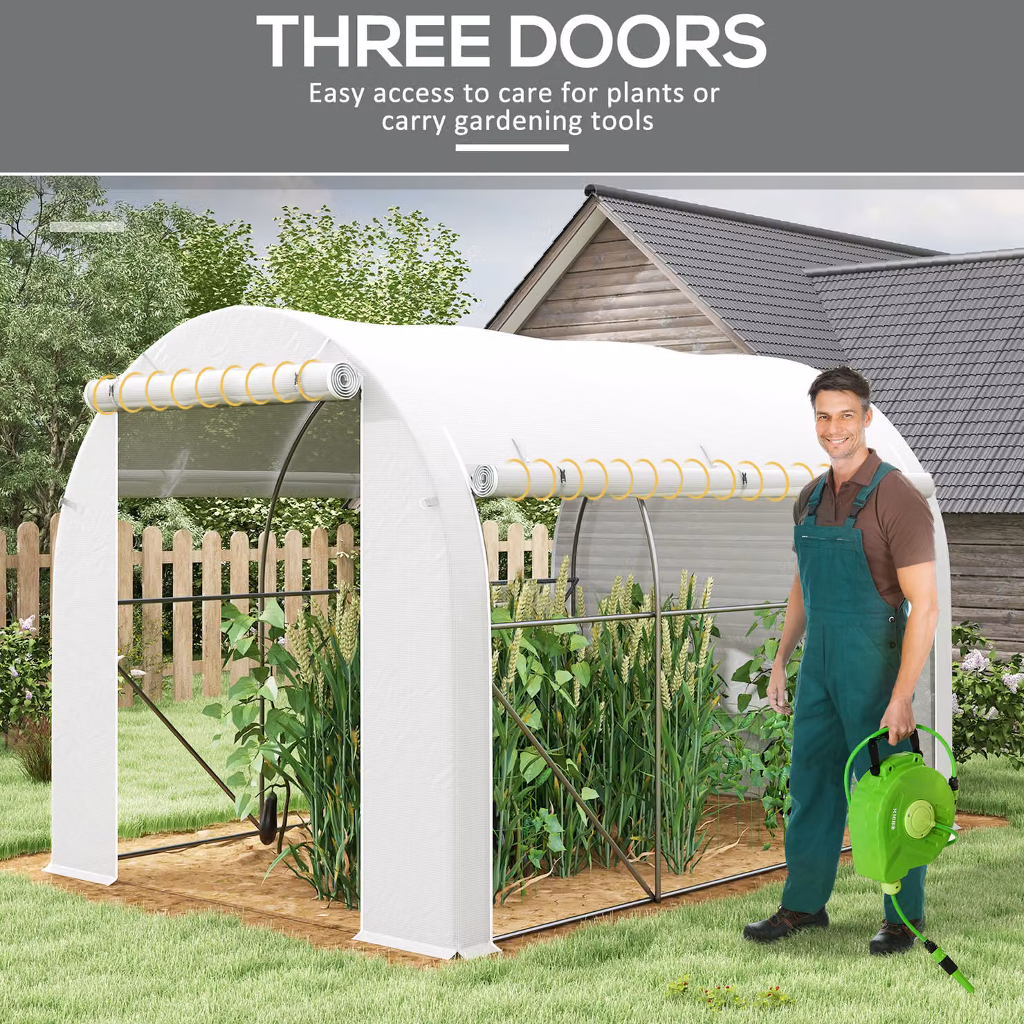 Outsunny White Steel Frame Polytunnel Greenhouse W: 296 cm, D: 196 cm, H: 200 cm – 3