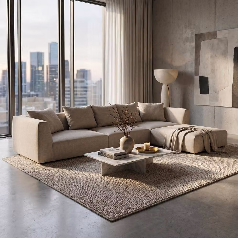 Abakus Direct Tokyo Large L-Shape Corner Sofa in Beige Brushed Tweed Fabric with Deep Seats – 3