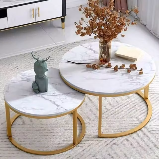 FORGEVIO Set of 2 Round Nesting Coffee Tables with Marble Tops and Sled Base in Gold and White