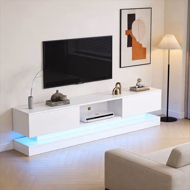 BTM White Glossy TV Stand with RGB LED, 2 Drawers and Shelf, W: 160 cm, D: 40.5 cm, H: 35.8 cm