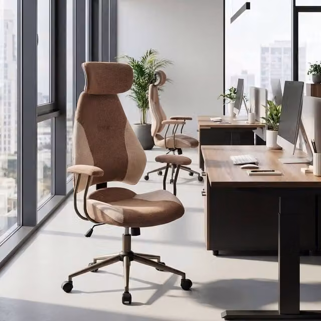 Costway Brown Fabric Office Chair with 2D Adjustable Headrest, Rocking Backrest and 360 Degree Swivel – 1