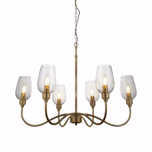 Merano Livorno Multi Arm Pendant Ceiling Light in Antique Brass and Clear Glass, Dimmable E14 Hanging Lamp, H: 73-210 cm