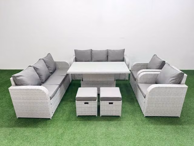 Fimous Grey PE Rattan Patio Lounge Set with 3 Seater Sofa, Reclining Chairs, Stools and Adjustable Lifting Coffee Table