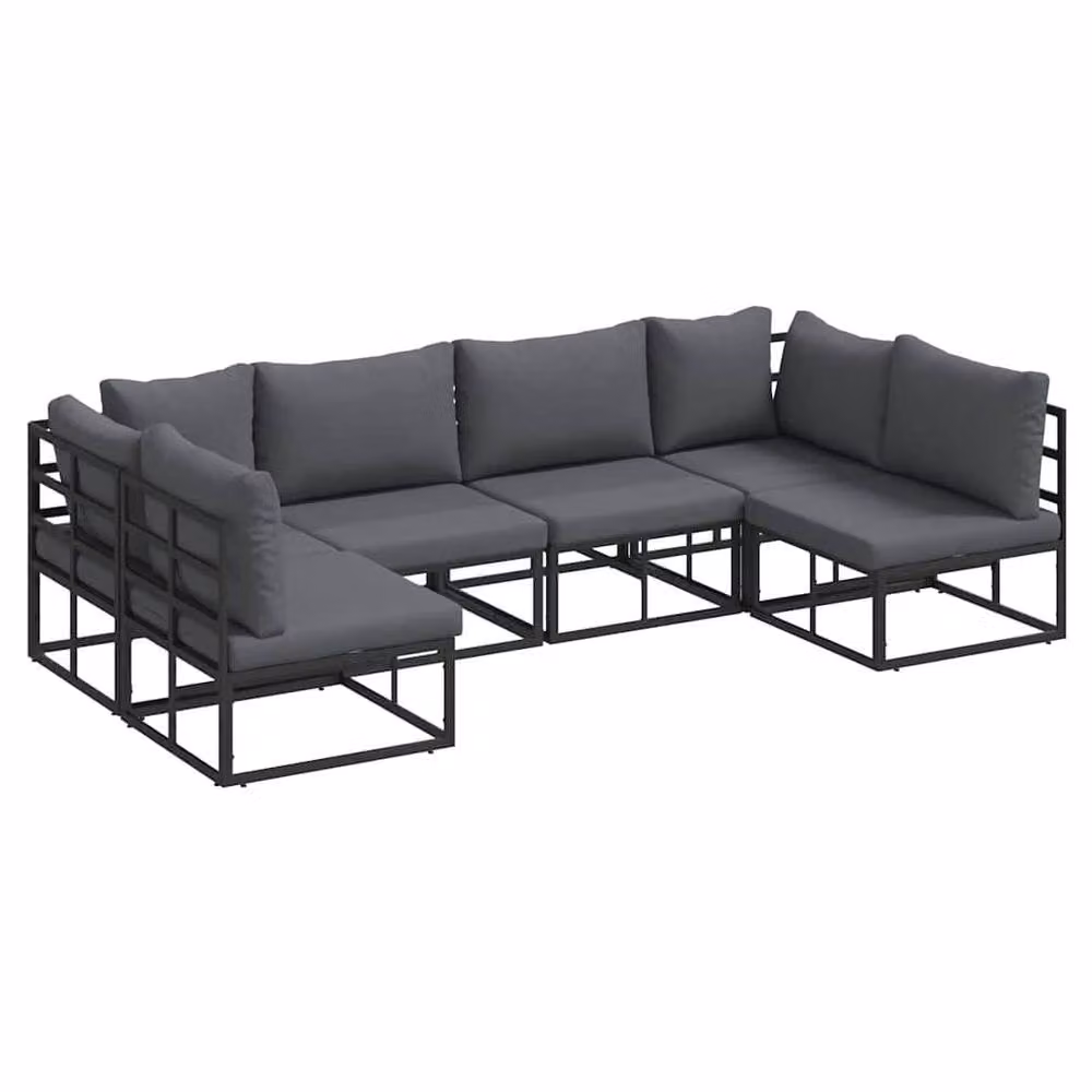 Berkfield Home 6 Piece L-Shape Garden Sofa Set with Cushions and Scatter Pillows in Black Powder Coated Aluminium and Grey Fabric – 3
