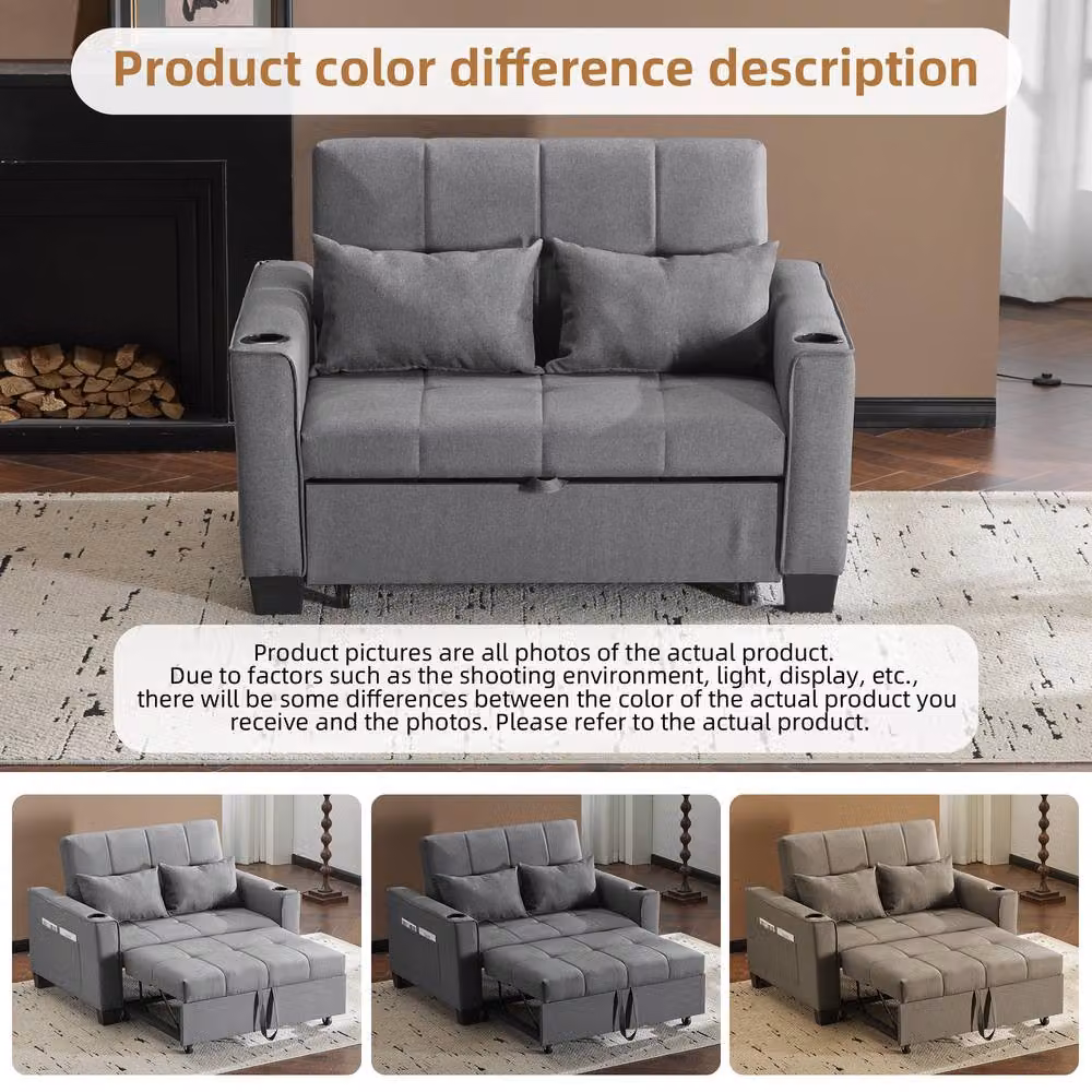 Merax 2-Seater Convertible Pull-Out Sofa Bed with Cup Holders and Scatter Cushions in Grey – 2