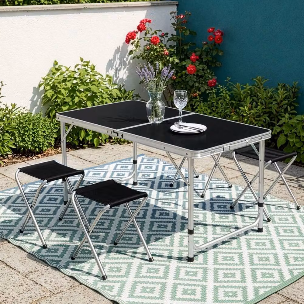 FLAVORA 5 Piece Aluminium Outdoor Camping Table and Stools Set in Black – 3