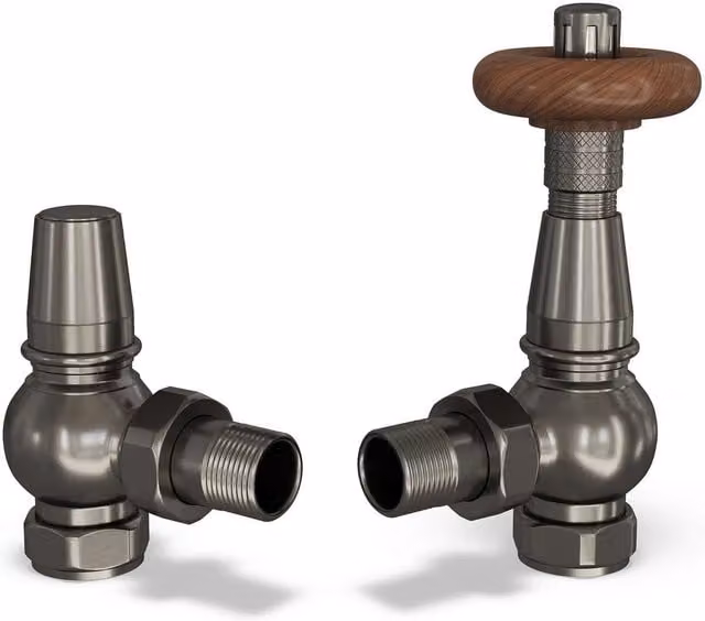 UK Radiators Derry Traditional Angled Thermostatic Radiator Valve and Lockshield Set in Pewter