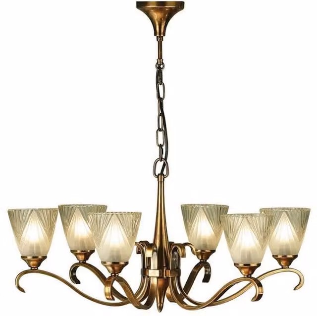 Loops Art Deco 6-Lamp Hanging Ceiling Pendant Light in Antique Brass and Clear Glass