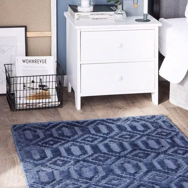 Wyld and Coco Blue and White Geometric Viscose Hand-Woven Flatweave Rectangular Rug W: 80 cm, L: 150 cm