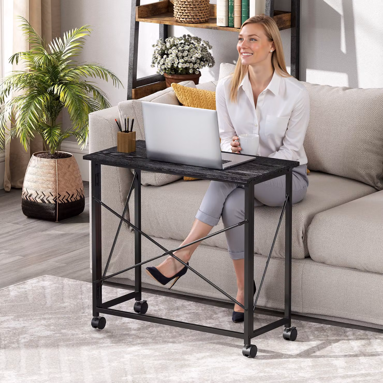 HOMCOM Black Folding Computer Desk with Castors and MDF Top – 7