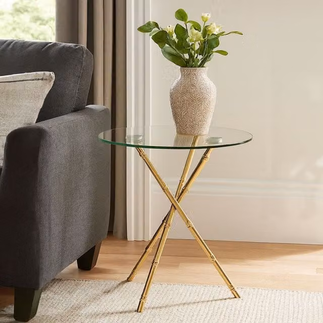 Orsina Glass Side Table with Gold Knop Legs, W/D/H: 61 x 61 x 55 cm