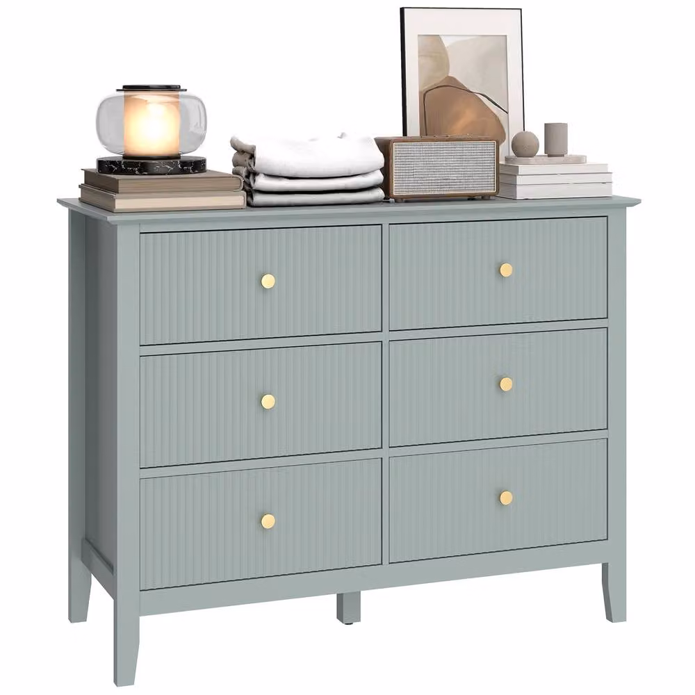 HOMCOM Modern Fluted 6 Drawer Chest of Drawers in Green with Gold Accents – 2