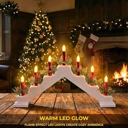 Shatchi White and Red Plastic Candle Bridge Christmas Tabletop Decoration H30 x W50 x D6.5 cm – 4