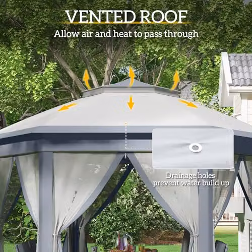 Outsunny Grey Hexagon Pop Up Garden Gazebo with Metal Frame, W: 3.4 m, D: 4.05 m, H: 2.85 m – 4
